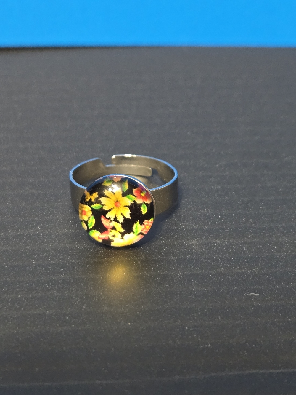 Yellow Floral Glass Cabochon Adjustable Ring